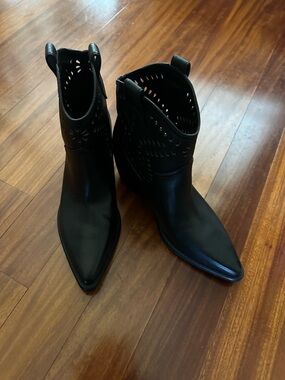 Marc Fisher Black Pointed Toe Laser-Cut Western Ankle Boots